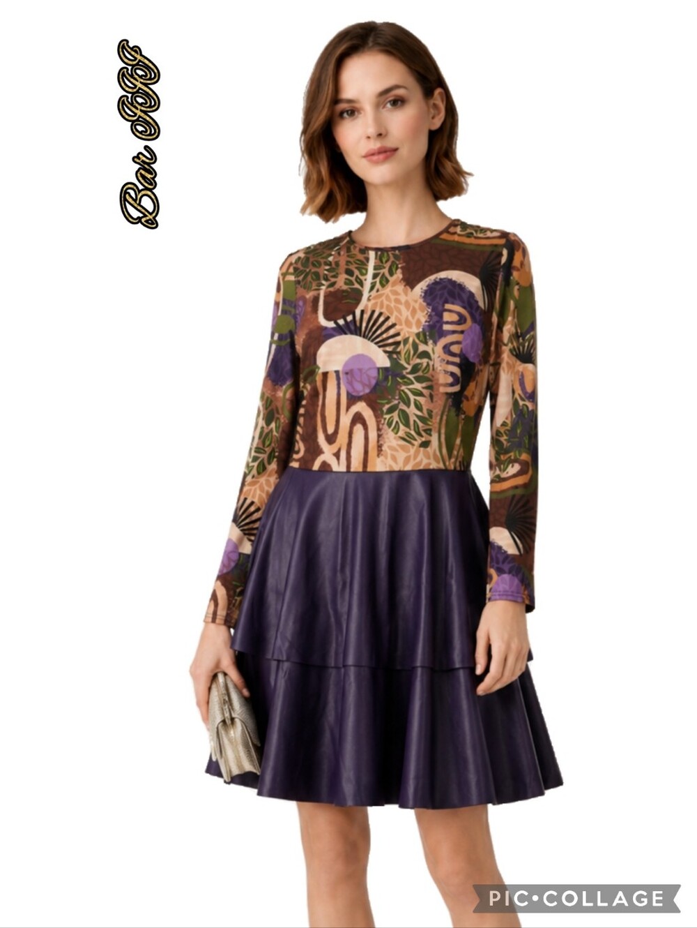 Bar III tiered purple/print dress drop waist, layers, multicolor print, LS.